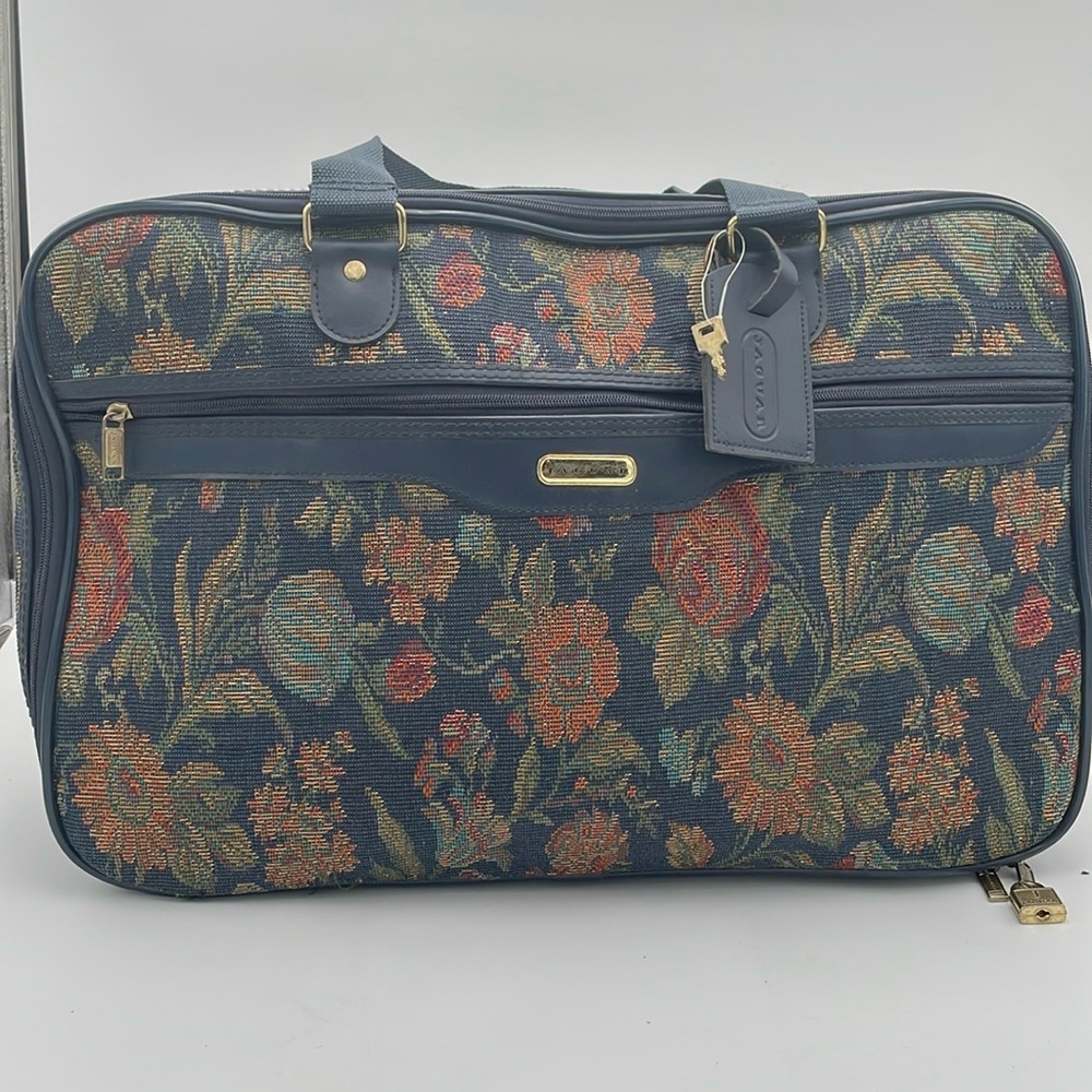 Jaguar medium size carry on tapestry luggage piece, vintage